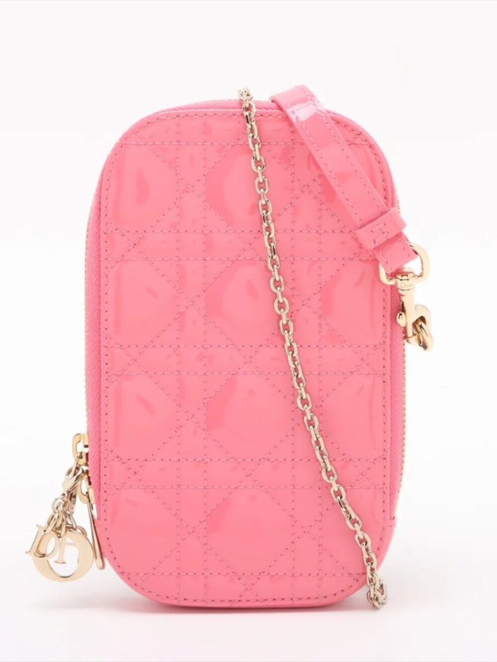 Christian Dior Lady Dior Cannage Patent Phone Holder Pink